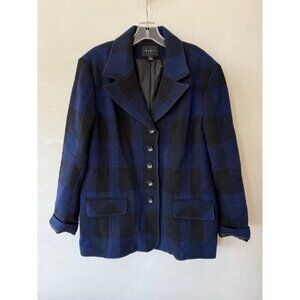 Tribal Jacket Blue Black Plaid Check Wool Women’s Size 14 Button Up Coat Jacket